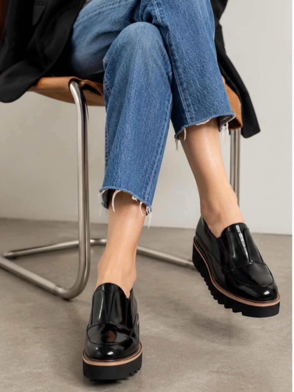 Zara Black Patent Platform Lug Sole Loafers Oxfords Size 7.5